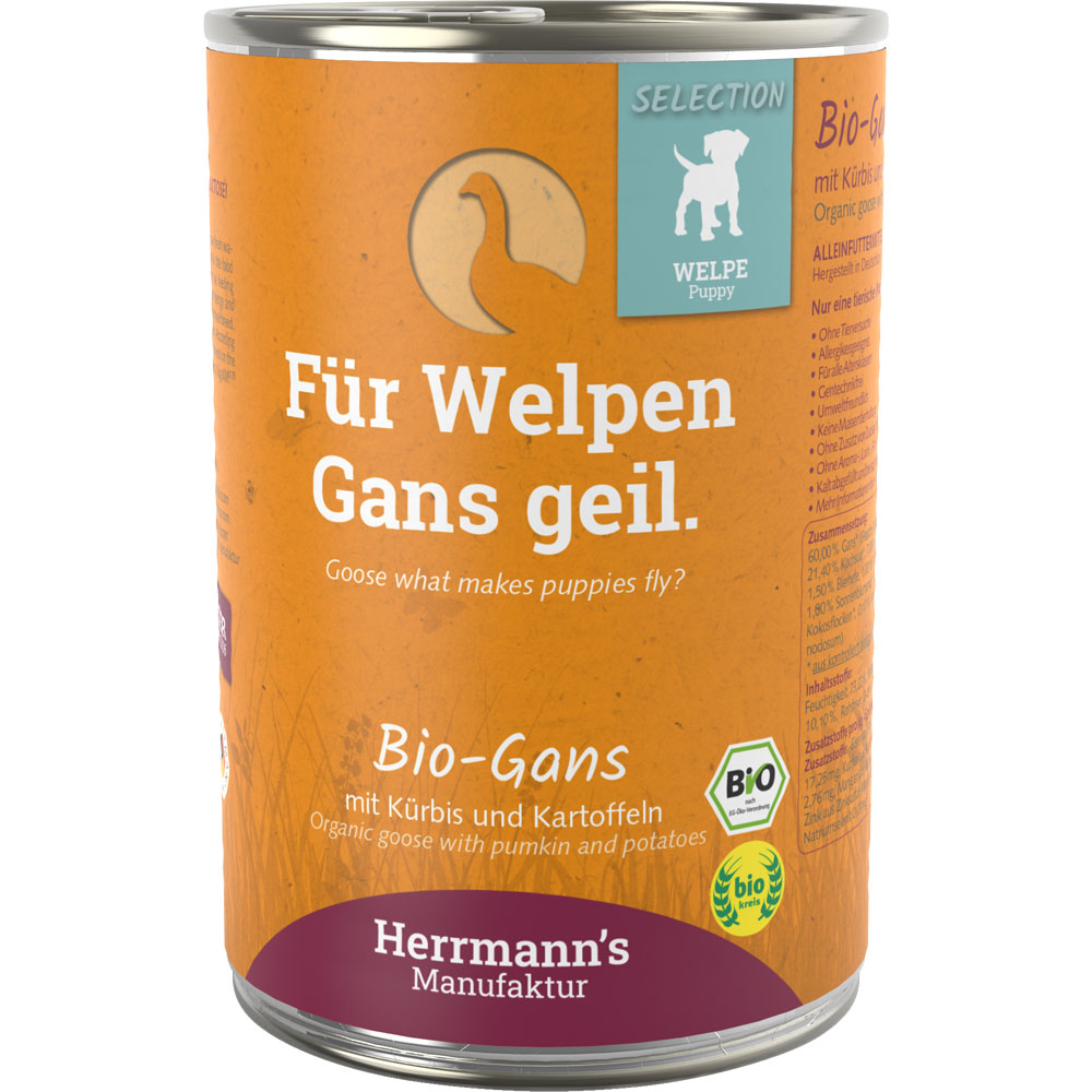 12er-VE Bio Hunde Ergänzungsfutter Welpen: Gans, Kürbis, Kart. 400g Herrmanns - Bild 1