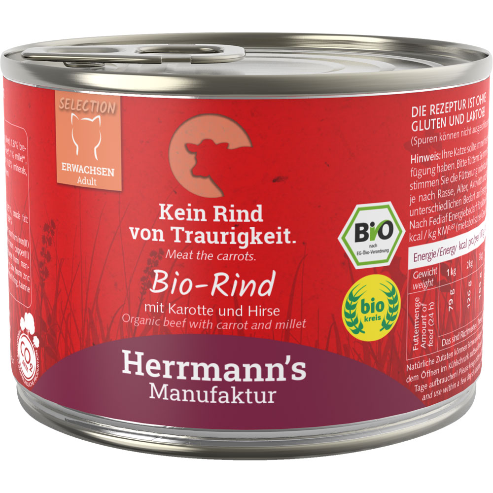 4er-SET Bio Katzenfutter Rind mit Karotten und Hirse 200g Herrmanns - Bild 1